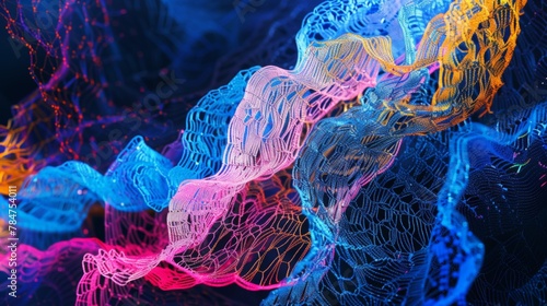 This digital art captures the energy and movement of an abstract neon stream of light in a virtual landscape.