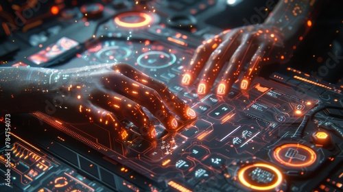Ultra-realistic female android hands typing on a futuristic glowing keyboard