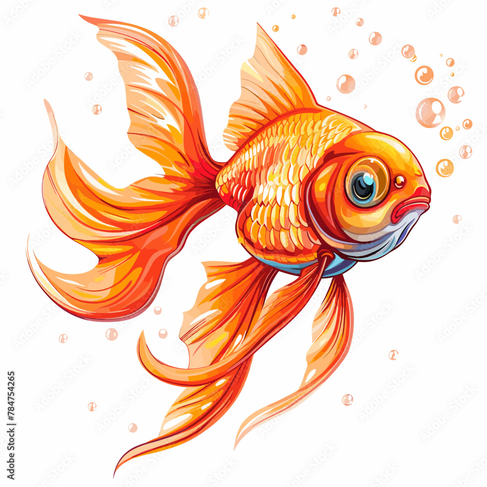 Fototapeta premium Goldfish with bubbles on a white background. Vector illustration of a goldfish.