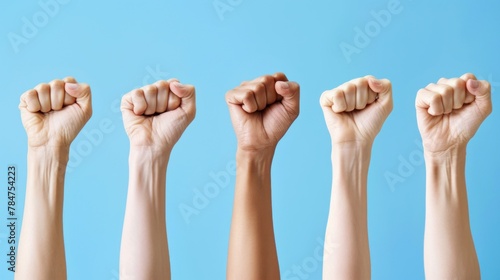 Cropped group of human hands fist raised up together make celebration her success. AI generated