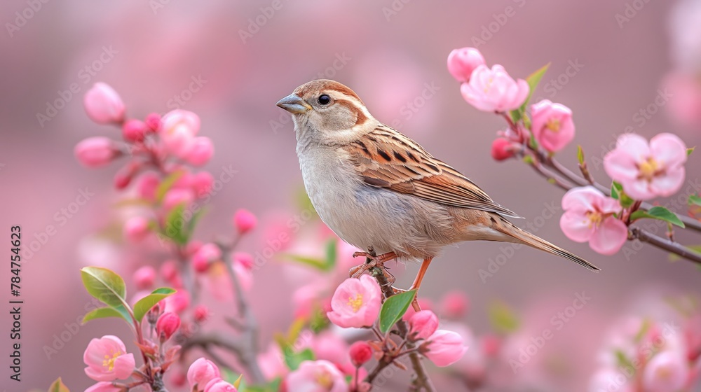 sparrow bird sits on a blossoming branch