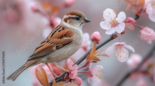 sparrow bird sits on a blossoming branch © natalikp