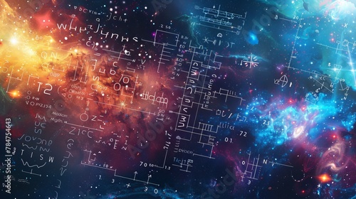 Mathematical and physical formulas set against a galaxy background, themed around space and science education photo