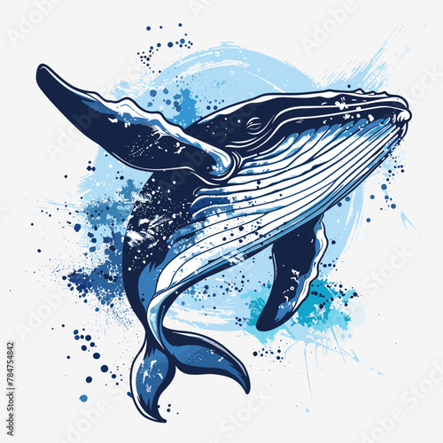 Hand drawn blue whale with grunge splashes. Vector illustration.