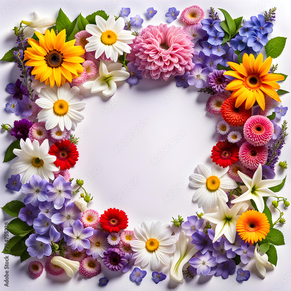 Obraz premium Wide border frame of wet pansy gerbera carnation poppy sunflower periwinkle and lavender flowers