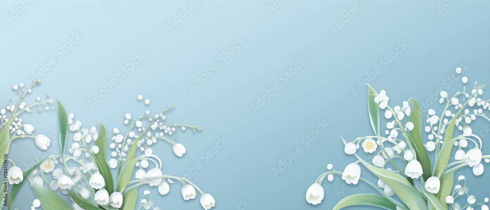 Lilies of the Valley on Blue Background, White Spring Flowers Banner with Copy Space, May Day Greeting