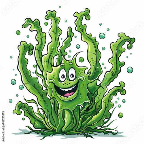 Illustration of a green seaweed with a happy face on a white background