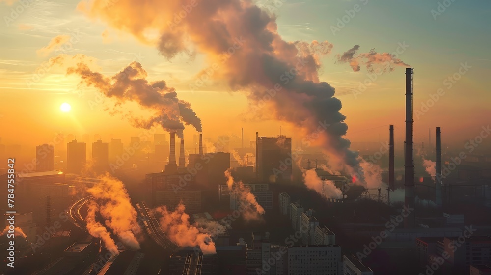 Industrial chimneys emitting smoke and polluting the air at sunrise, highlighting the negative environmental impact of industrial activities.