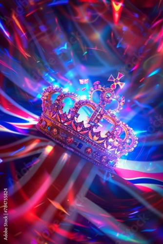Radiant jewel crown on dynamic neon background.