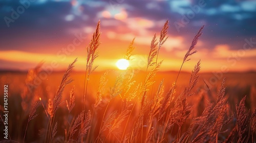 Sun Setting Over Tall Grass Field