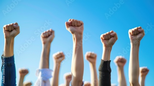 Cropped group of human hands fist raised up together make celebration her success. AI generated