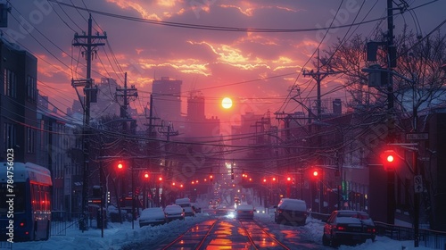 Bustling City Street Covered in Snow