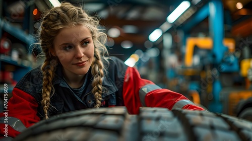 Focused Female Mechanic at Work in Auto Shop. Concept Female Mechanic, Auto Shop, Work, Focus, Professionalism