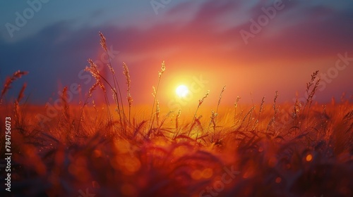 Sun Setting Over Tall Grass Field