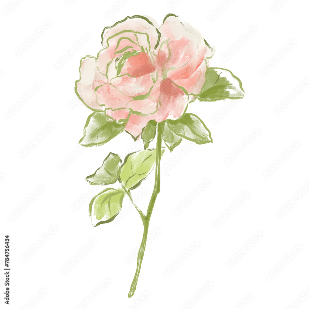 Fototapeta premium Oil painting abstract flower card of pink rose and leaves. Hand painted floral composition of wildflower isolated on white background. Holiday Illustration for design, print, fabric or background.