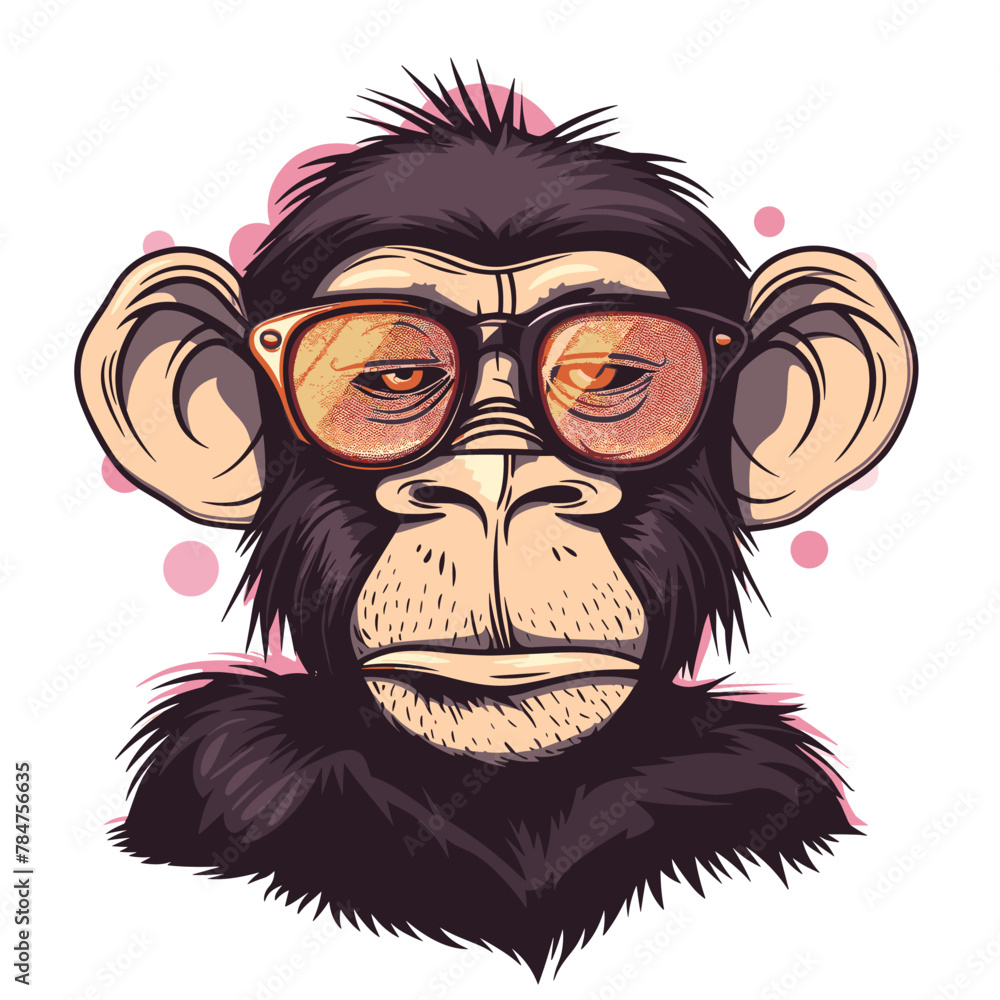 Monkey head with glasses. Vector illustration of a chimpanzee.