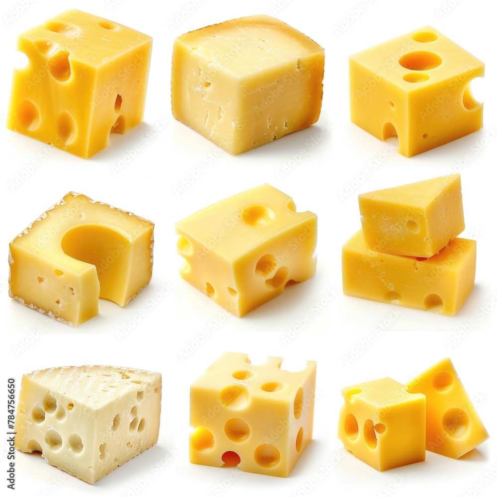 Delicious Cheese Cube Collection for Breakfast and Cookery - Cut Dairy Cubes on White Background Delicious Cheese Cube Collection for Breakfast and Cookery - Cut Dairy Cubes on White Background
