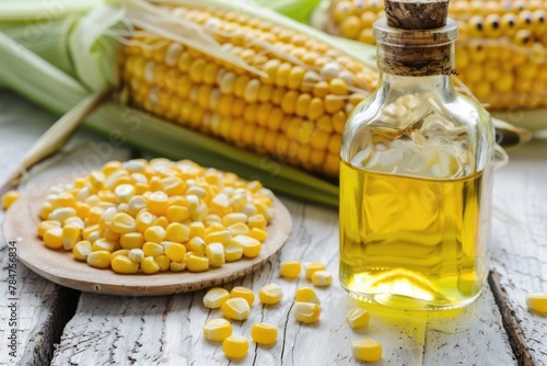 Fresh Corn Oil from Harvested Grain on Rustic White Wooden Background - Farm to Table Agriculture Food Concept