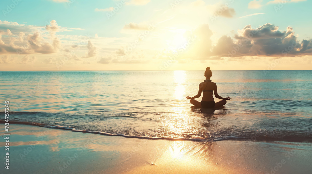 Seaside meditation at sunset. Great for wellness content, travel promotion, and the depiction of tranquility and mindfulness.