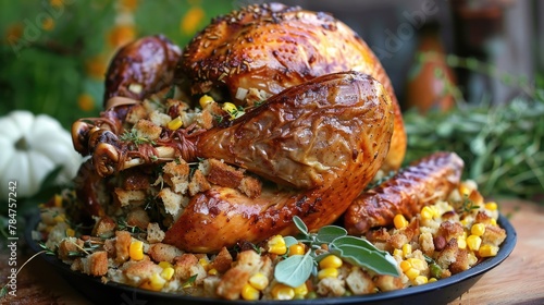 Herbs and a Rich Broth for Flavor: Classic Turkey Stuffing Recipe with Corn and Bread as Side Dish