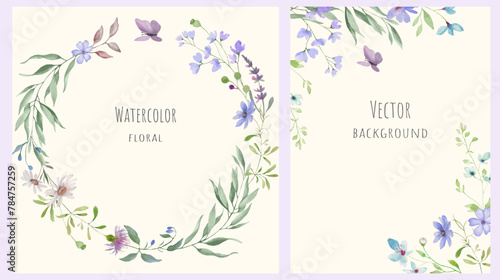 Watercolor floral background set. Hand drawn illustration isolated on pastel background. Vector EPS.