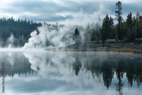 Misty Vapour and Reflections: Steam Over Yellowstone Lake in National Park
