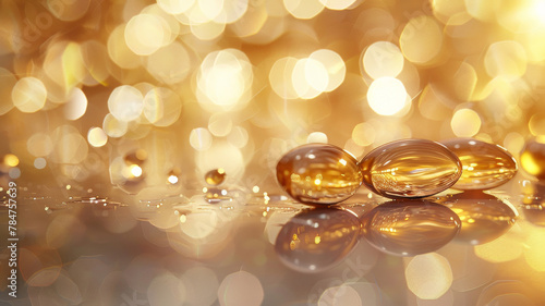 Golden Glow: Omega-3 Fish Oil Capsules Close-up. Glistening fish oil capsules on reflective surface with golden bokeh.