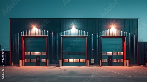 Modern Industrial Facade at Twilight with Illumination. Concept Architecture, Industrial Design, Twilight, Illumination, Modern photo