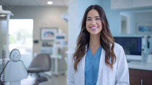 Confident Dental Specialist in Clinic. Smiling female dentist standing in dental office.