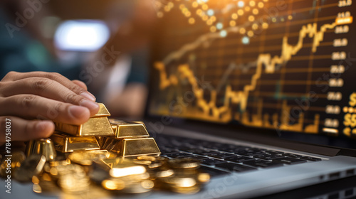 Gold bars on a laptop with stock market graphs in the background. Ideal for financial blogs, investment strategies, and market analysis.