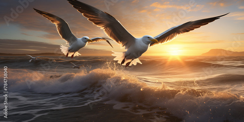 Two albatrosses gliding effortlessly over ocean waves, their synchronized flight showcasing a timeless bond forged in the vastness of the sea.  photo