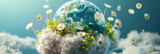 Earth's Spring Awakening: A Symphony of Sustainability. Showcasing a 3D Earth with vibrant green landscapes and floating daisies, this image is a tribute to importance of ecological preservation.