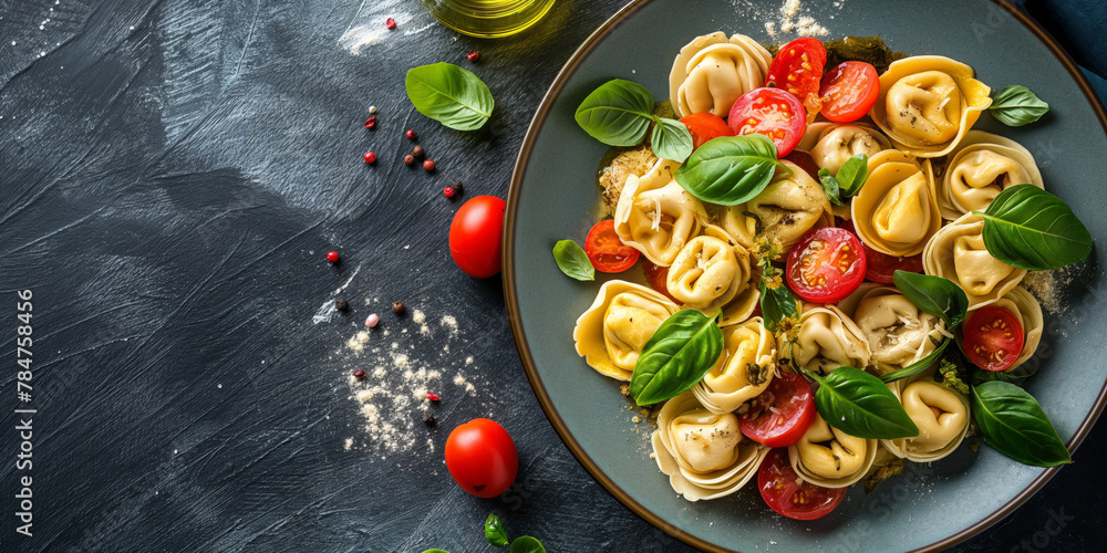 Naklejka premium A dish of pasta with tomatoes, basil garnish on table. Copy space. Generative AI