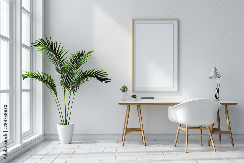 Home office setup with mockup frame, ideal for content about remote work, minimalism, and interior design. Home office setup with mockup frame, ideal for content about remote work, minimalism, and interior design.