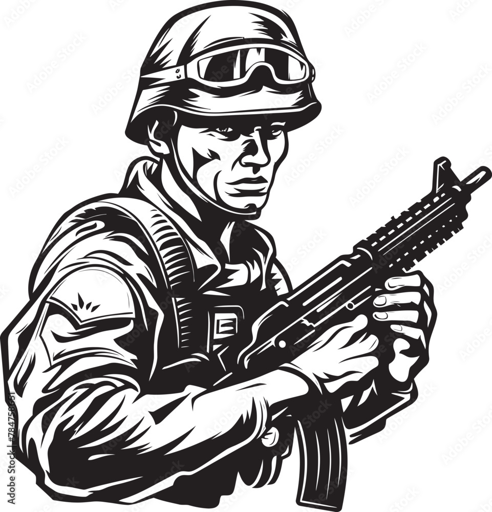 Vigilant Defender Tactical Logo Icon Firearm Sentinel Soldier with Assault Rifle Vigilant Defender Tactical Logo Icon Firearm Sentinel Soldier with Assault Rifle