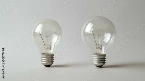 Two glass light bulbs on gray background. AI generated image