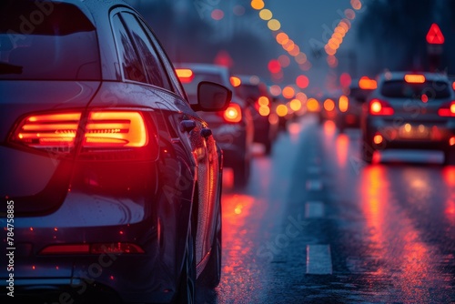 Tail lights illuminate a busy city street as cars line up bumper to bumper on a wet evening with reflections on the road photo