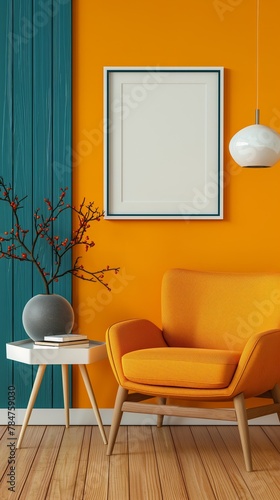 Bright and modern living corner with mockup frame on orange wall. Ideal for design inspiration and home decor solutions.