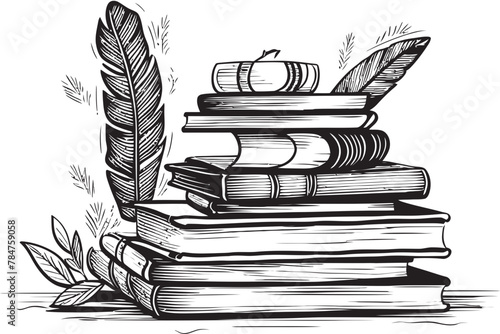 Quill Quest Emblematic Logo Icon Pages and Pen Symbolic Book Stack Emblem