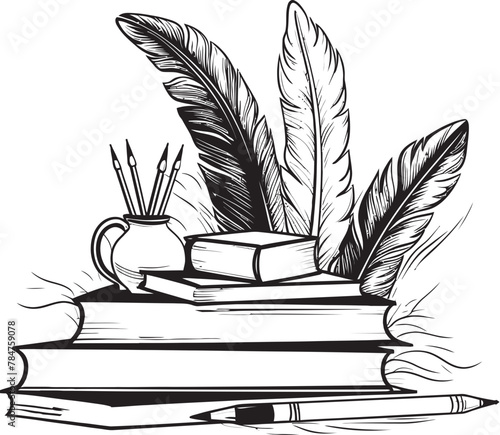 Quill Chronicle Iconic Book Stack Emblem Inked Imagery Quill and Manuscript Icon