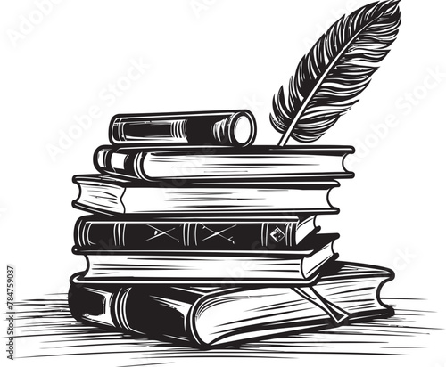 Literary Luxe Emblematic Book Stack Icon Quill Quest Iconic Logo Design