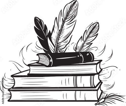 Ink and Insights Emblematic Quill Icon Scholars Scribe Classic Book Stack Logo