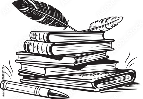 Quill Quest Emblematic Symbolic Icon Ink and Insights Classic Book Stack Emblem