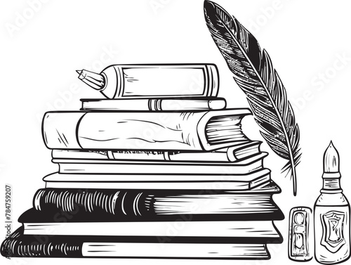 Inkwell Imagery Quill and Scroll Emblematic Icon Tome and Tradition Classic Book Stack Symbol