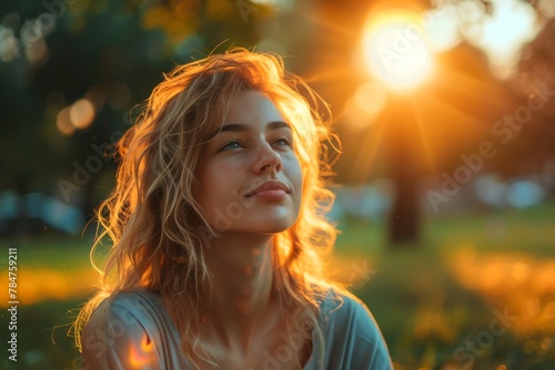 Dreamy photo of a young woman with the sun kissing her face softly photo