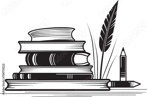 Library Lore Emblematic Quill and Scroll Icon Quill Chronicles Classic Book Stack Emblem