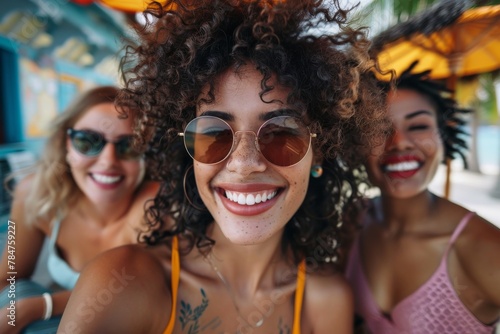 Energetic self-portrait of three smiling women enjoying a vibrant setting