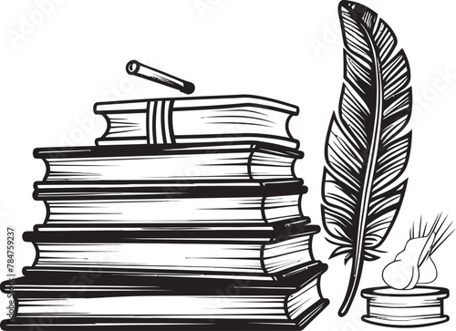 Quill Quest Iconic Quill and Parchment Design Ink and Insights Emblematic Book Stack Icon
