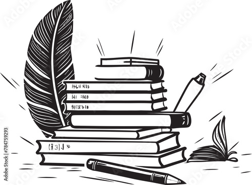 Tome and Texture Symbolic Quill and Scroll Emblem Inkwell Illumination Emblematic Book Stack Icon