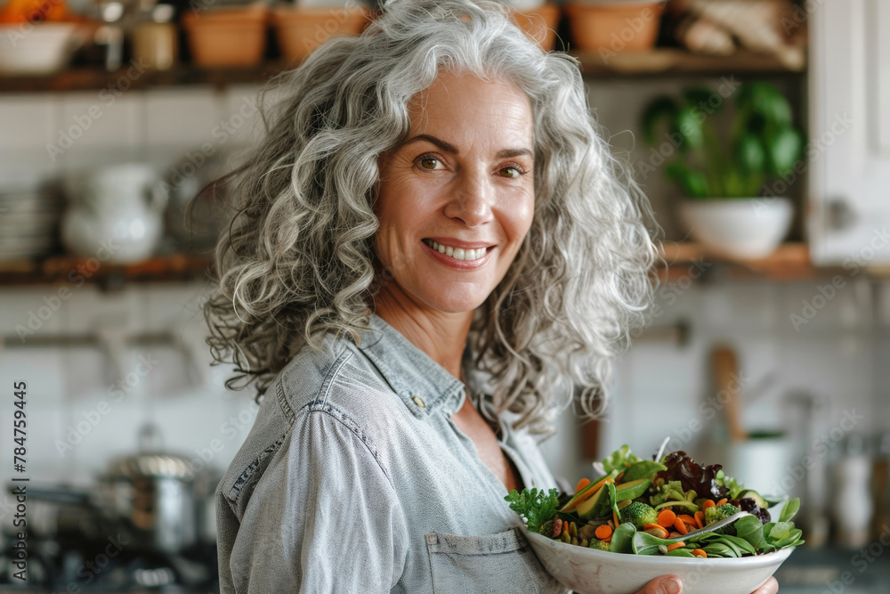 Stunning shot of a beautiful senior woman with grey curly hair smiling and holding a bowl full of healthy salad in a white kitchen at home